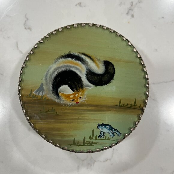 Rare Vintage Cat & Frog Jewelry Vanity Trinket Box Asian Make Up Mirror 1930-50s - Picture 3 of 8